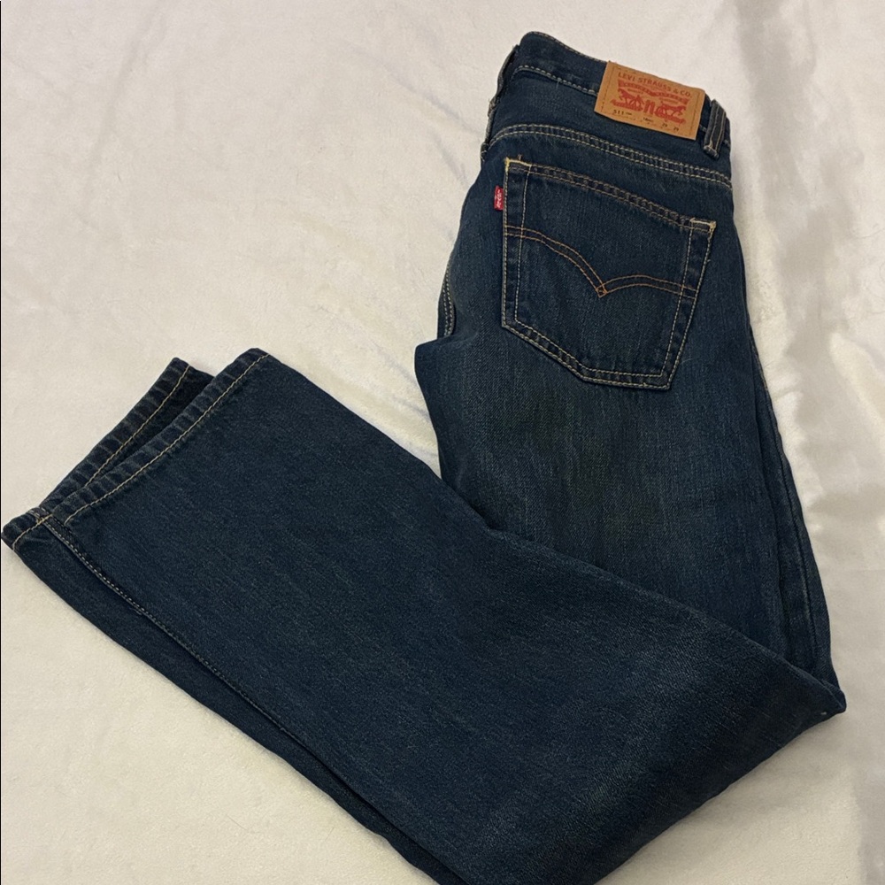Levi’s 511 Slim Boys Dark Blue Jeans. Size 18, 29x29. Orange stitching.